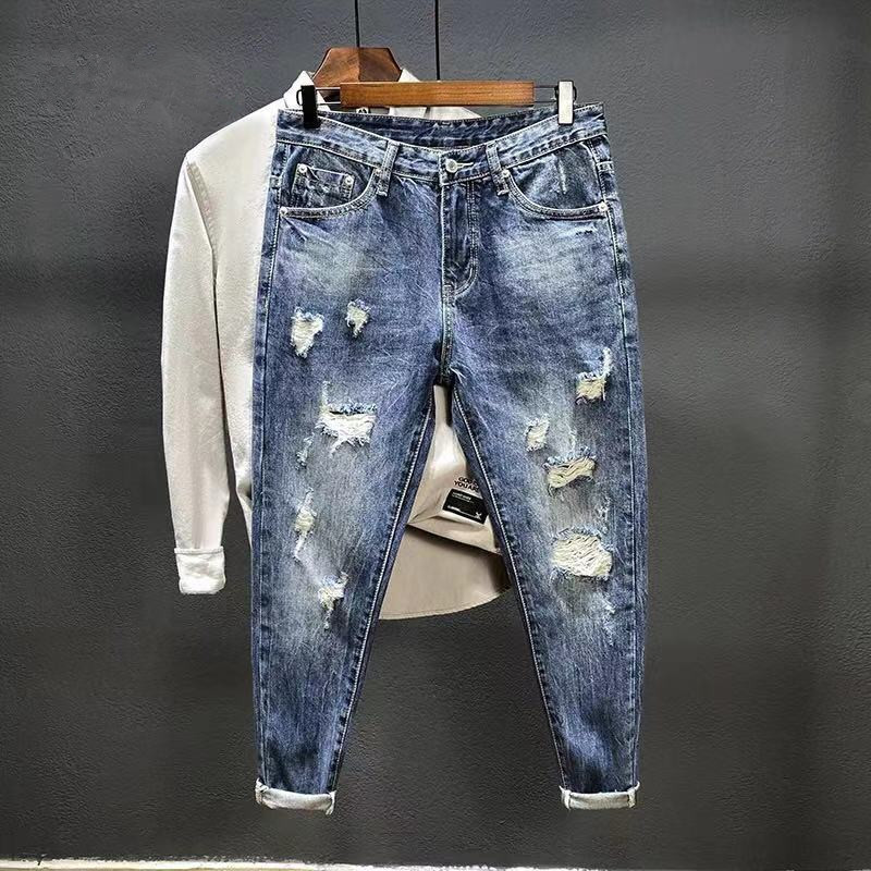 Urban Streetwear Brand - Nine-point jeans with holes for men's